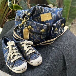 Coach Navy and Cream Graffiti Logo Satchel with Matching Sneakers